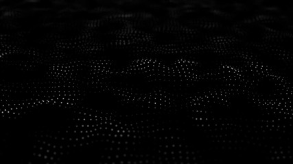 Poster - 4K Abstract white dotted waves. Sound visualization. Glowing neon particles. Futuristic motion background.