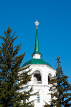 Irkutsk Russia, The Church Of Our Saviour Bell Tower With Steeple And Gold Cross