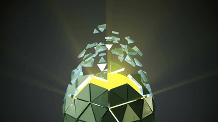 Wall Mural - Icosahedron ball shape and flying polygons. Abstract futuristic technology or science fiction concept. Seamless loop 3D render animation 4k UHD 3840x2160