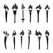 色々なオリンピック聖火のアイコン　白黒シンボル