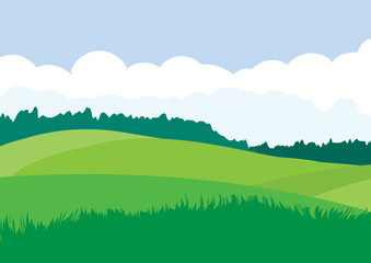 Green landscape with yellow fields. Lovely rural nature. Unlimited space. Vector illustration.