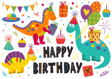 Set Of Isolated Cute Dinosaurs Happy Birthday - Vector Illustration, Eps