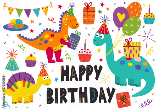 Photo set of isolated cute dinosaurs Happy Birthday - vector illustration, eps