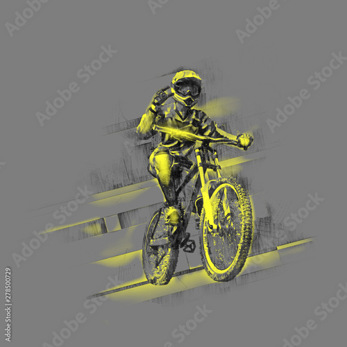 Fotomural Black pencil drawing of a cyclist on a downhill bike with a yellow drawing on a gray background