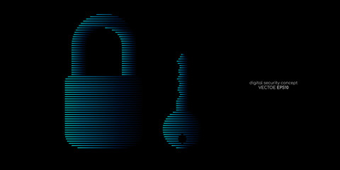 Poster - Security concept key and padlock line pattern blue color isolated on black background. Vector illustration technology, digital, security.