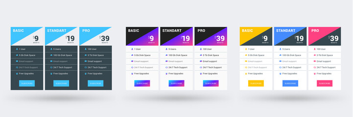 Wall Mural - pricing table color variations. pricing plans template for websites and applications. vector illustr