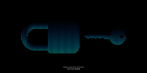 Poster - Security concept key and padlock dotes line pattern blue color isolated on black background. Vector illustration technology, digital, security.