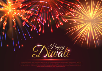 Happy Diwali greeting card with realistic dazzling display of fireworks. Popular festival of hinduism vector illustration. Traditional and spiritual indian holiday congratulation.