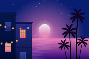 Wall Mural - Scenery building and coconut tree silhouette with sky night and sea with stars background
