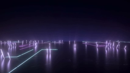 Poster - Futuristic glossy black floor with glowing lines. Glow neon sticks. Purple light on background. 4k Animation