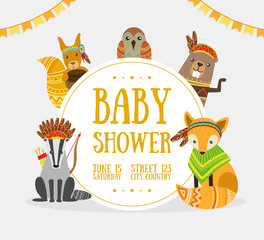 Sticker - Baby Shower Banner Template with Place for Text and Cute Wild Ethnic Animals Vector Illustration