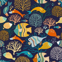 Seamless Pattern With Colorful Fish And Aquatic Plants