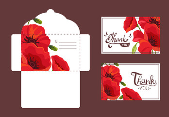 Poster - Save the Date, Holiday, Wedding Invitation Templates Set, Thank You, Rsvp, Floral Cards and Envelope with Elegant Red Poppy Flowers, Frame with Space for Text Vector Illustration