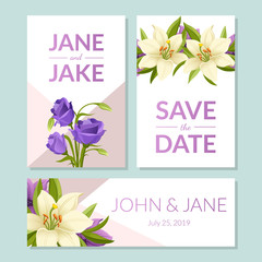 Poster - Save the Date, Wedding Invitation Templates Set, Floral Card with Beautiful Elegant Flowers, Frame with Space for Text Vector Illustration