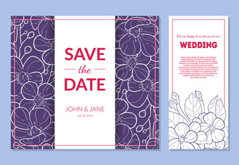 Poster - Save the Date Wedding Invitation Templates Set, Thank You, Rsvp Elegant Card with Hand Drawn Flowers and Space for Text Vector Illustration