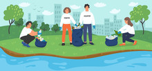 Environmental Volunteer Activists Cleaning Riverbank. 