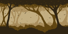 Autumn Spooky Night Forest - Horizontal Seamless Pixelated Backdrop For 8-bit Games. Can Be Used As Pixel Background For Creating Halloween Levels, Wallpapers Etc.