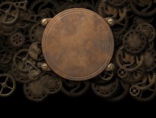 Steampunk Copper Banner With Clockwork Mechanism Background