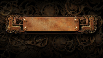 Steampunk copper banner with clockwork mechanism background