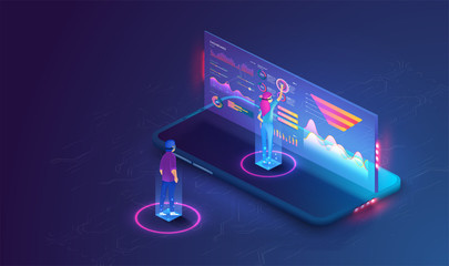 Wall Mural - People work and interacting with graphs, icons and devices. Application of Smartphone with business graph and analytics data on isometric mobile phone. Mobile application and website header images.