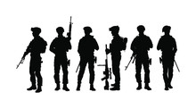 Army Soldiers With Sniper Rifle On Duty Vector Silhouette (Memorial Veterans Day, 4th Of July Independence Day) Soldier Keeps Watch On Guard. Rangers On Border. Commandos Team Unit. Special Force Crew