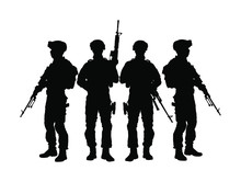 Army Soldiers With Sniper Rifle On Duty Vector Silhouette (Memorial Day, Veteran's Day, 4th Of July, Independence Day ) Soldier Keeps The Watch, On The Guard. Rangers On Border. Commandos Team Unit.