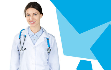 Sticker - Attractive young female doctor with blurred hospital interior on background