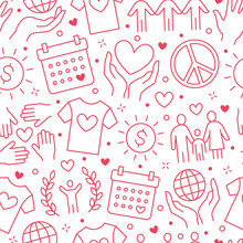 Charity Vector Seamless Pattern With Flat Line Icons. Donation, Nonprofit Organization, NGO, Giving Help Illustrations. Pink White Color Background, Wallpaper For Donating, Volunteer Community Poster