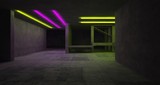 Fototapeta Do przedpokoju - Abstract architectural concrete interior of a minimalist house with color gradient neon lighting. 3D illustration and rendering.