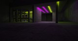 Fototapeta Do przedpokoju - Abstract architectural concrete and white interior of a minimalist house with color gradient neon lighting. 3D illustration and rendering.