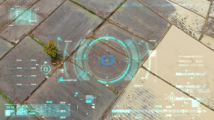 Poster - Drone shot flying aerial view with User interface text graph bar and target pointer element futuristic and cyber technology 