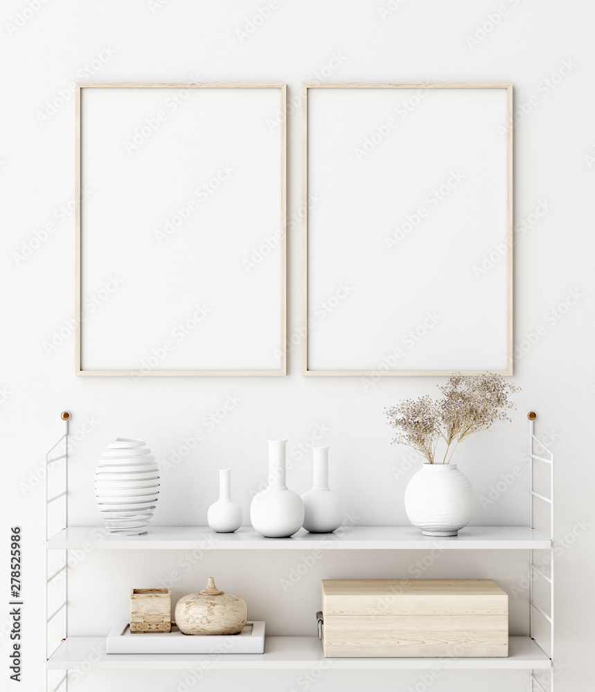 Mock up poster frame in living room interior. Interior Scandinavian style. 3d render - obrazy, fototapety, plakaty 
