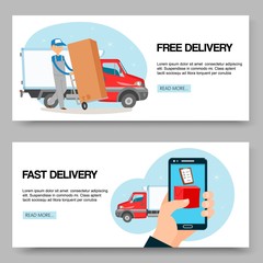 Fototapete - Delivery service free and fast background set of banners vector illustration. Man holding cart with box. Delivering packages. Male character standing near big truck or car.