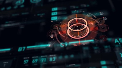 Poster - Target pointer and Futuristic user interface HUD GUI digital text number element for cyber technology concept with shallow depth of field dark and grain processed
