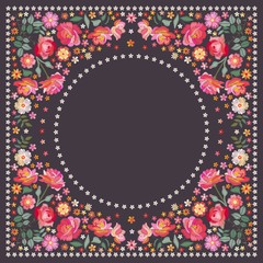 Wall Mural - Embroidery square pattern for shawl or scarf with beautiful flowers. Design for bandana print, kerchief.