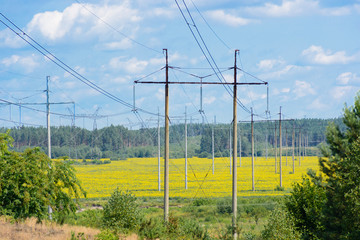 Electricity power pole for transmission lines network. Environment and energy concept