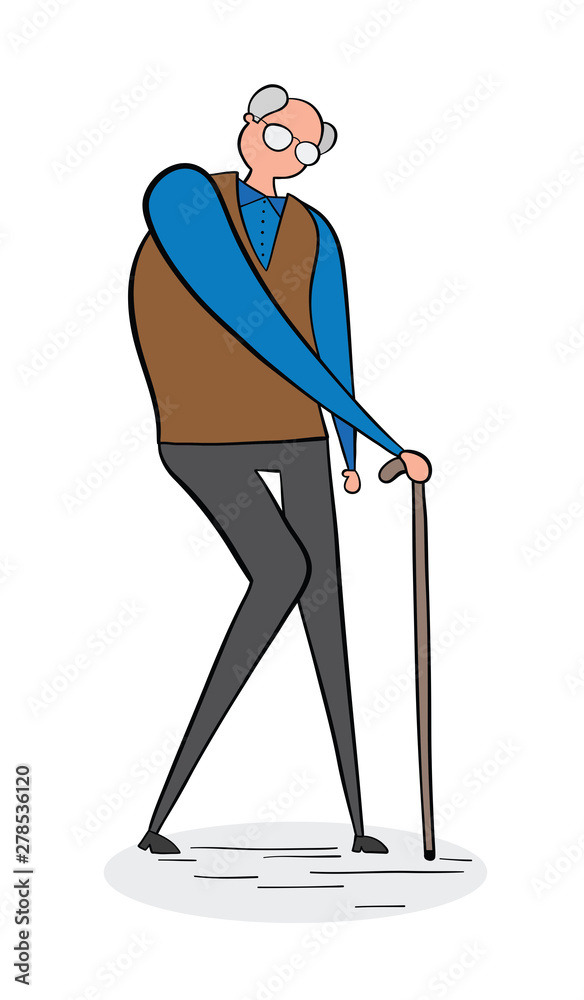 Old man walking with his walking stick, hand-drawn vector illustration ...