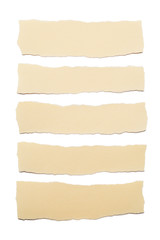 Collection of beige paper stripes with torn edges isolated on white background