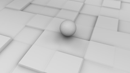 Poster - 3D illustration of a white sphere on a white surface with a cubic relief. Futuristic design, abstract background for your desktop. 3D rendering of a chaotic arrangement of geometry on a surface.