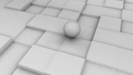 Poster - 3D illustration of a white sphere on a white surface with a cubic relief. Futuristic design, abstract background for your desktop. 3D rendering of a chaotic arrangement of geometry on a surface.