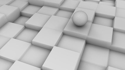 Poster - 3D illustration of a white sphere on a white surface with a cubic relief. Futuristic design, abstract background for your desktop. 3D rendering of a chaotic arrangement of geometry on a surface.