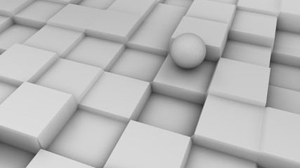 Poster - 3D illustration of a white sphere on a white surface with a cubic relief. Futuristic design, abstract background for your desktop. 3D rendering of a chaotic arrangement of geometry on a surface.