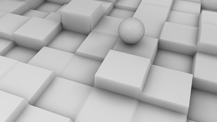 Poster - 3D illustration of a white sphere on a white surface with a cubic relief. Futuristic design, abstract background for your desktop. 3D rendering of a chaotic arrangement of geometry on a surface.