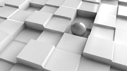 Poster - 3D illustration of a white sphere on a white surface with a cubic relief. Futuristic design, abstract background for your desktop. 3D rendering of a chaotic arrangement of geometry on a surface.