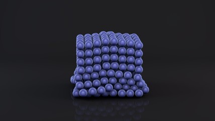 3D rendering of a neocube, a geometric figure consisting of many purple magnetic metal balls . The neocube is destroyed on a dark reflective surface. Futuristic abstract 3D design. 3D rendering.