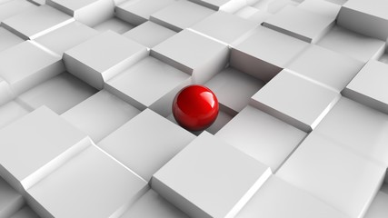 Poster - 3D illustration of a red sphere on a gray surface with a cubic relief. Futuristic design, abstract white desktop background. 3D rendering of a chaotic arrangement of geometry on a surface.