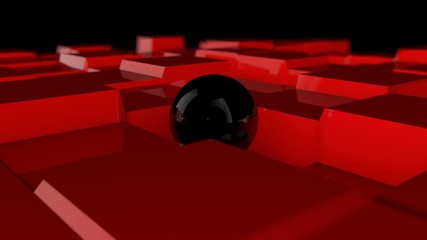 Poster - 3D illustration of a black sphere on a red surface with a cubic relief. Futuristic design, abstract background for your desktop. 3D rendering of a chaotic arrangement of geometry on a surface.