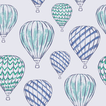 Vector Seamless Pattern Of Green And Blue Hot Air Balloons In The Sky. Boys Nursery Illustration Great For Wallpaper, Wrapping And Decor.
