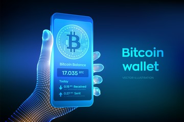 Sticker - Bitcoin wallet interface on smartphone screen. Cryptocurrency payments and blockchain technology based digital money concept. Closeup mobile phone in wireframe hand. Vector illustration.