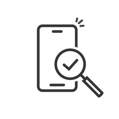 Cellphone or mobile phone inspection with magnifying glass on screen vector icon, line outline art smartphone successful searching or device connection, exploration test or research symbol clipart